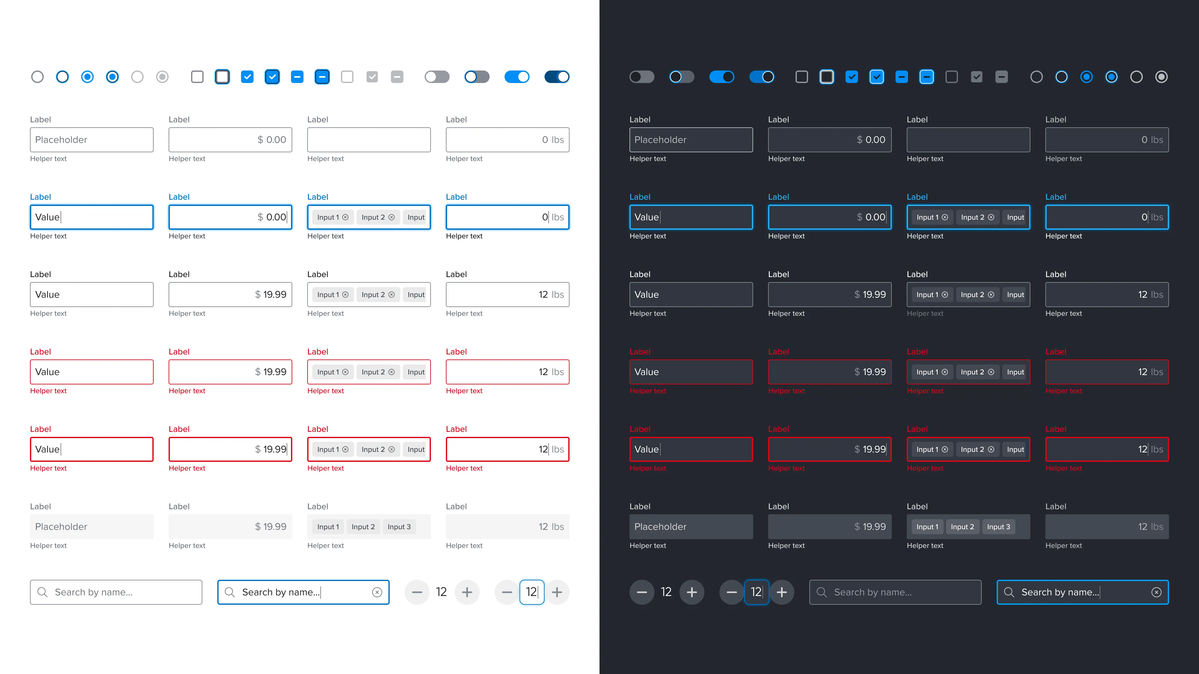 Checkboxes, Radio Buttons, Switches, Text Input fields, Increment fields and search bar redesigned for Cart Design System