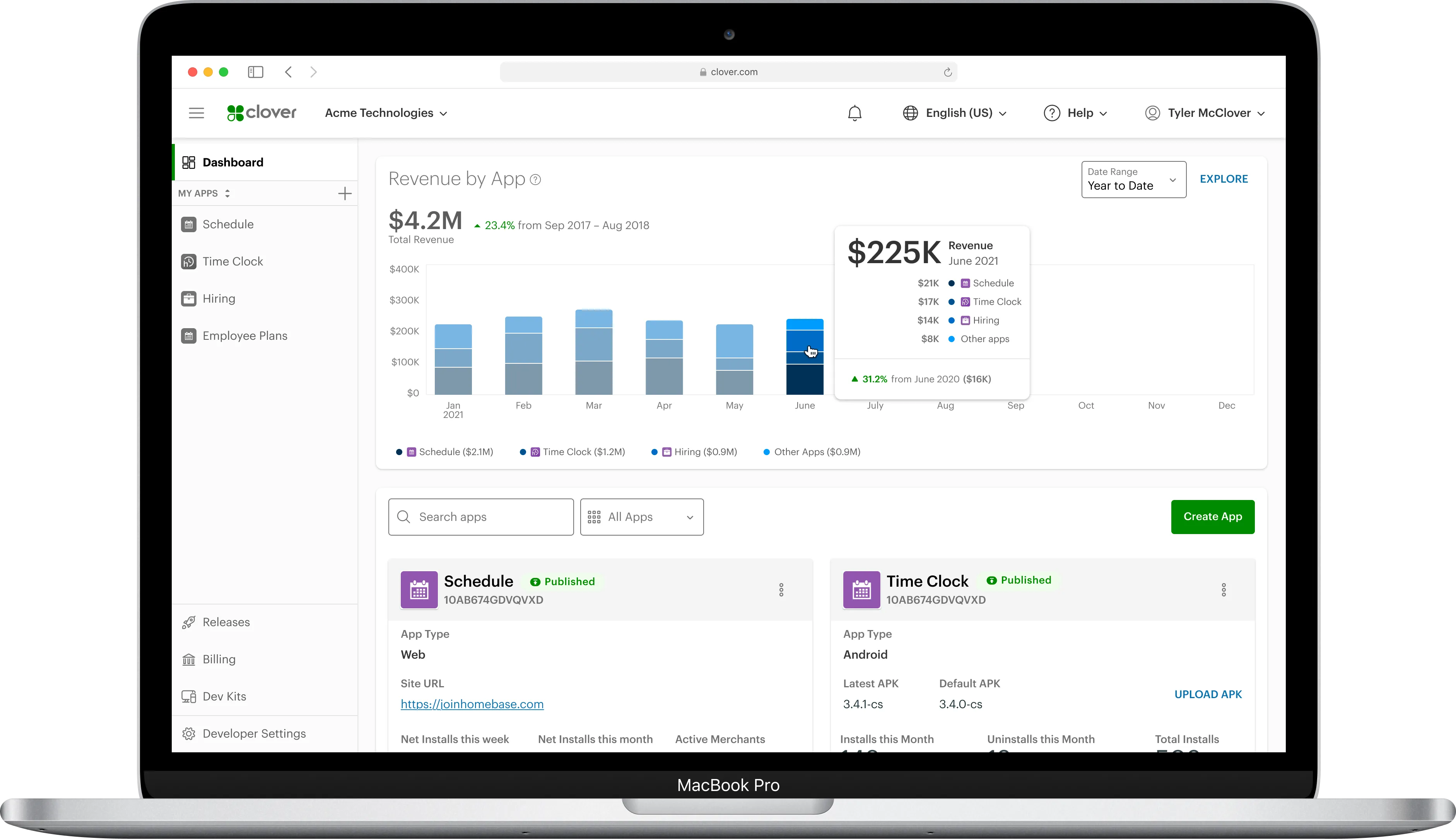 Macbook Pro - Developer App Metrics - Dashboard Home - Revenue Hover Detail