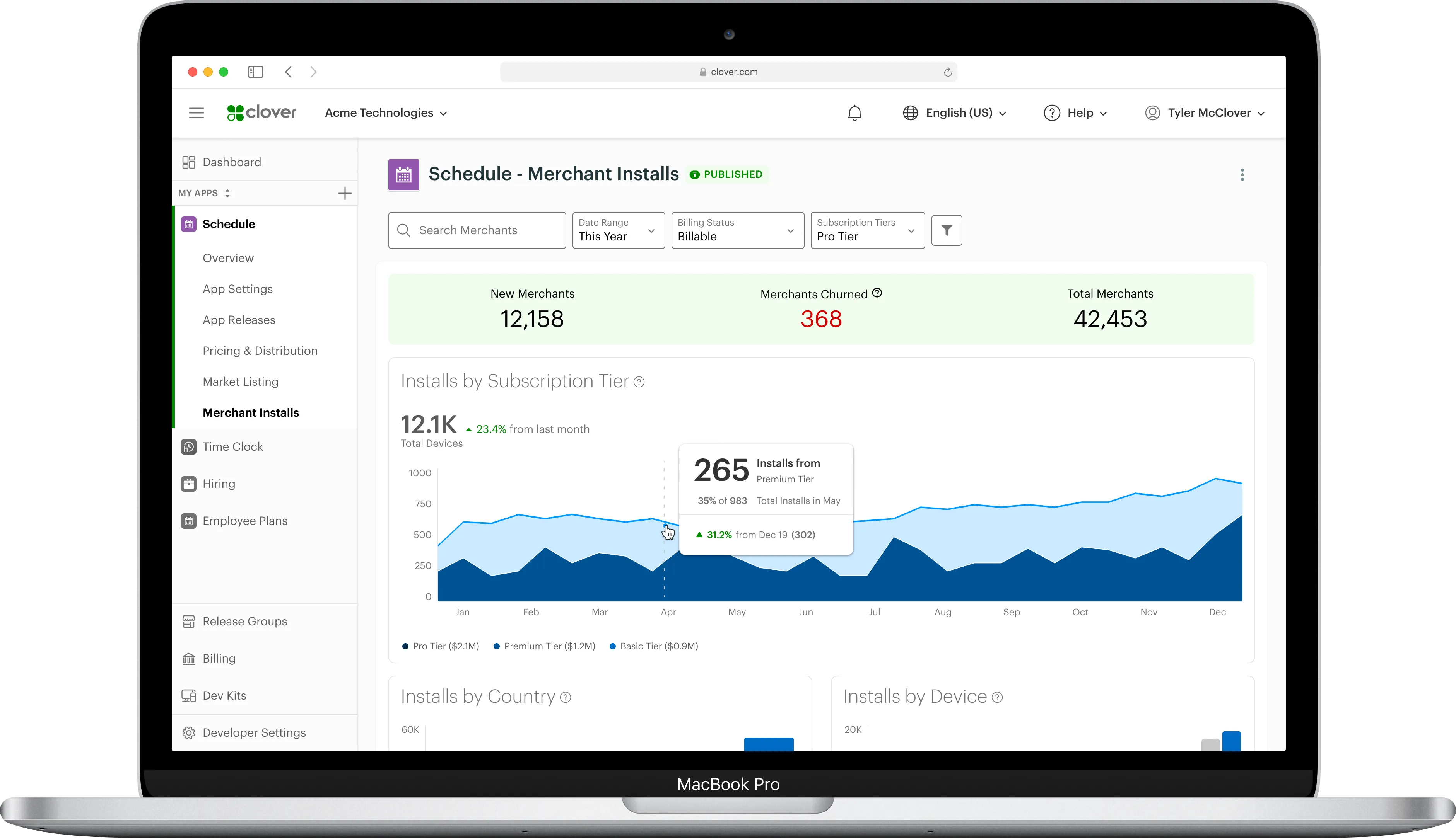 Macbook Pro - Developer App Metrics - Merchant Installs - Filter by Subscription Tier
