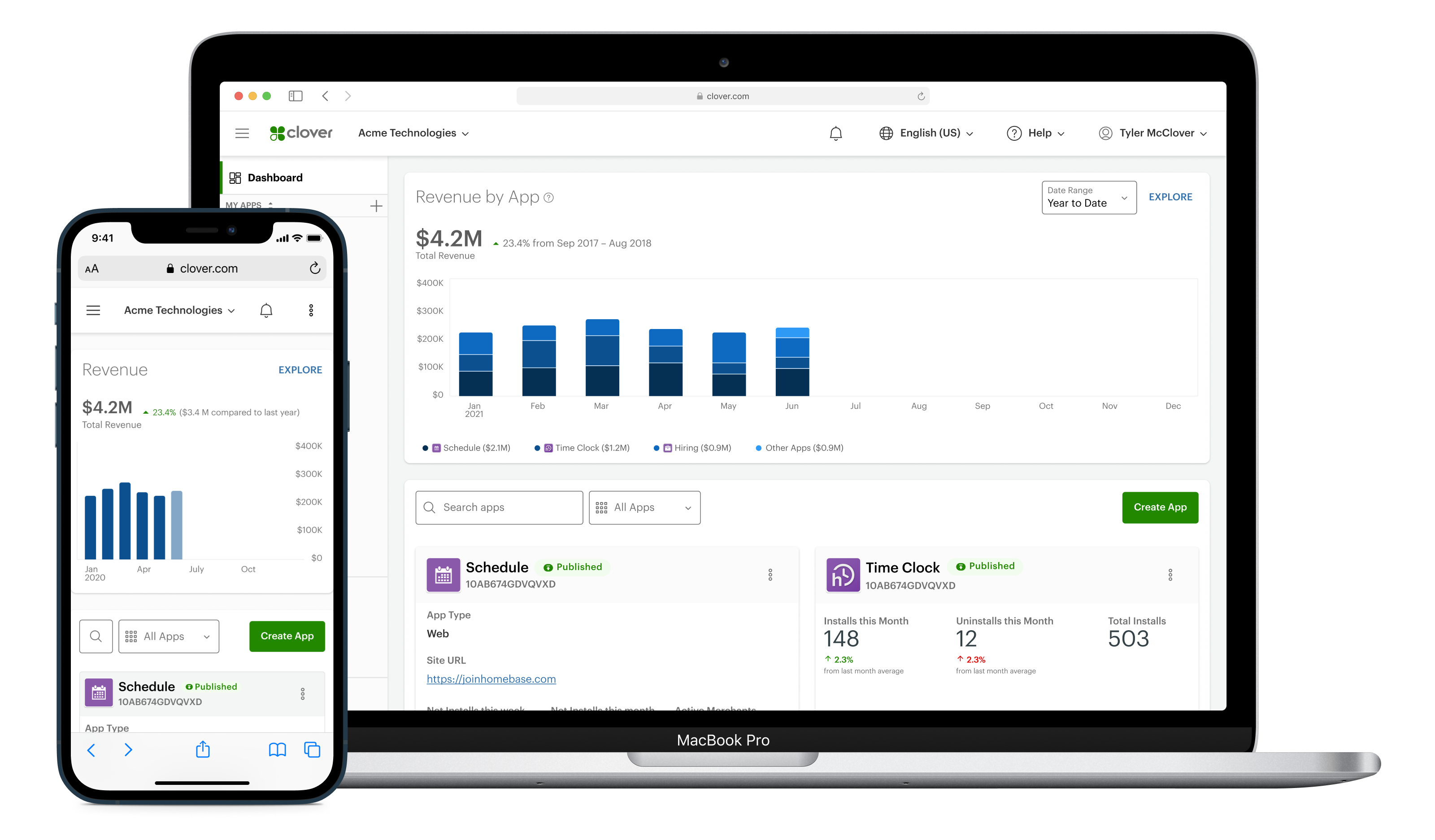 Macbook Pro & iPhone showcasing Clover's Developer Dashboard with data visualization patterns used to describe app performance and revenue.