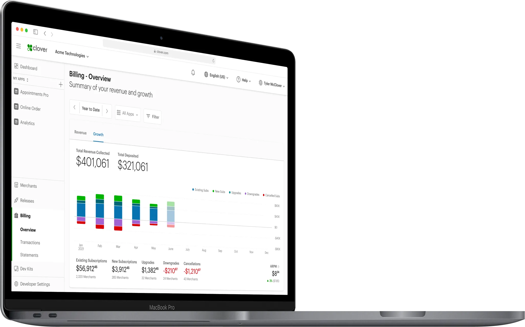 Angled MacBook Pro showing Growth Tab of Billing-Overview page