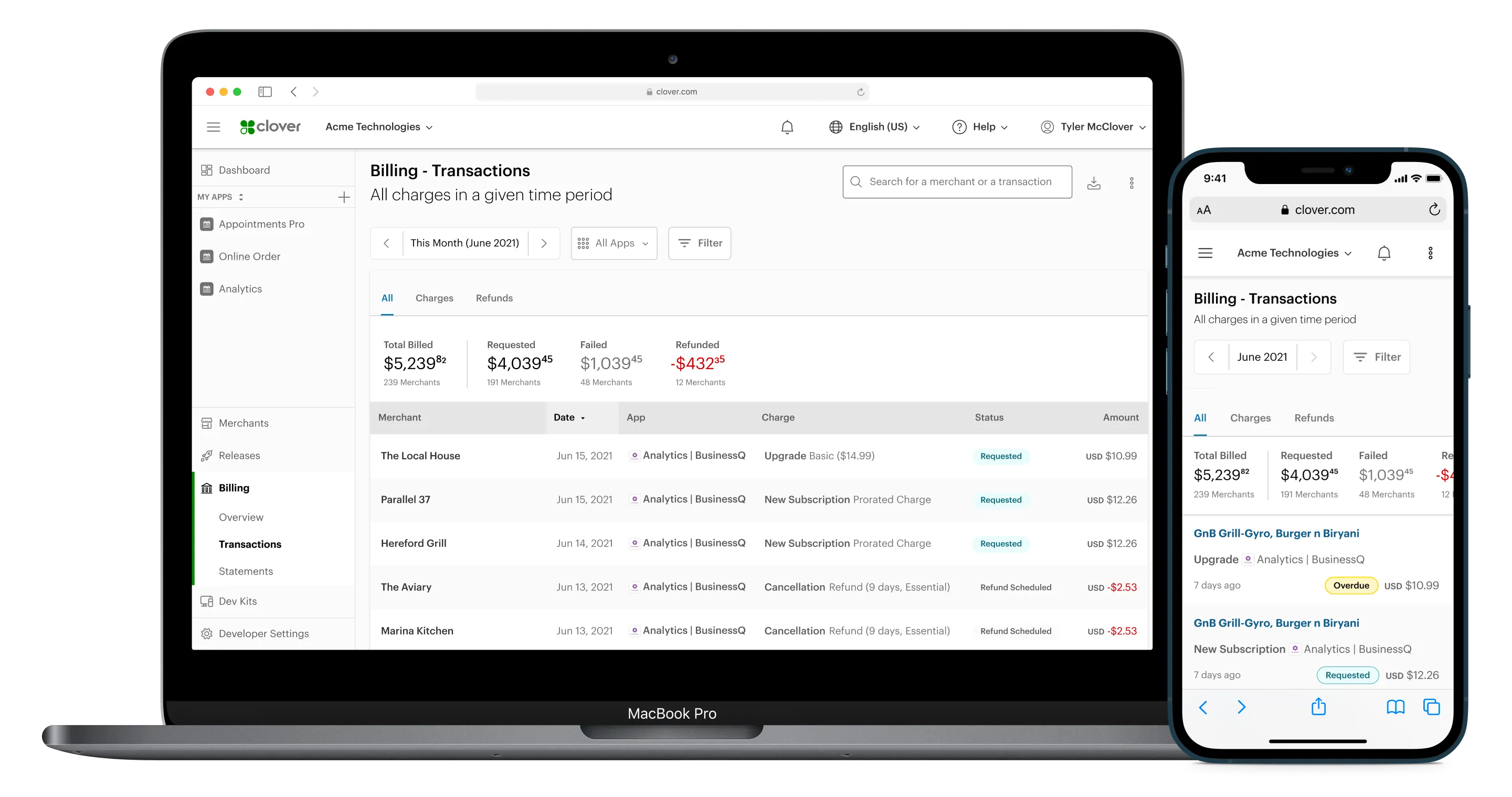 MacBook Pro and iPhone showing Billing-Transactions page