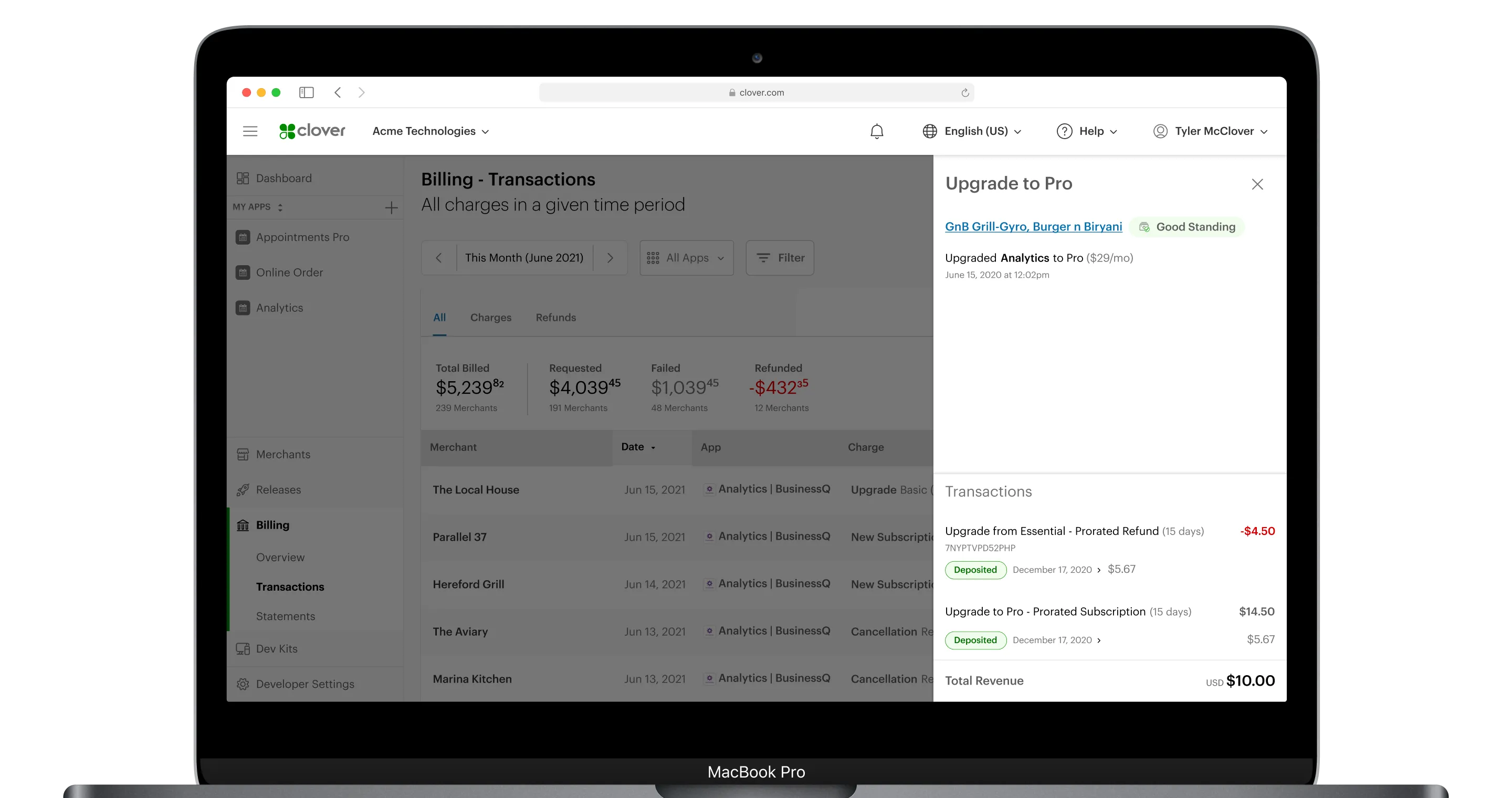 MacBook Pro showing Transaction detail side sheet on top of Billing-Transactions page